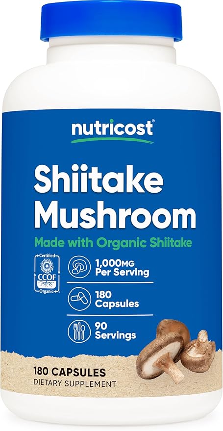 Nutricost Organic Shiitake Mushroom Capsules 1000mg, 90 Servings - CCOF Certified Made with Organic, Vegetarian, Gluten Free, 500mg Per Capsule, 180 Capsules