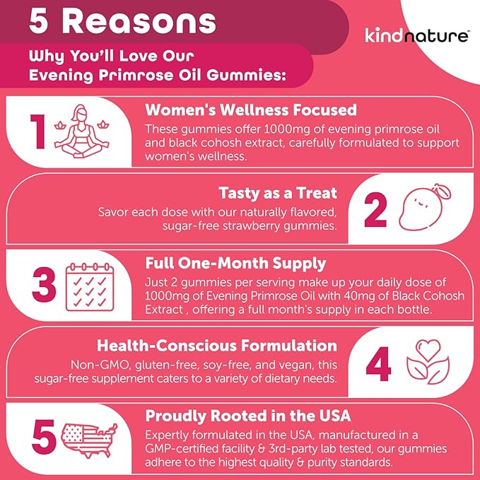 Kind Nature Evening Primrose Oil Gummies for Women – 1000mg with Black Cohosh Extract – Hormonal Balance, PMS & Menopause Support – Vegan, Sugar-Free, Non-GMO