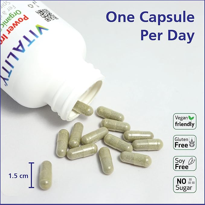 Vitality Power Iron + Spirulina | 45mg Iron | Blood Builder | Iron Deficiency Support | Vegan | All Natural Supplement | Gentle on Stomach | 30 Capsules