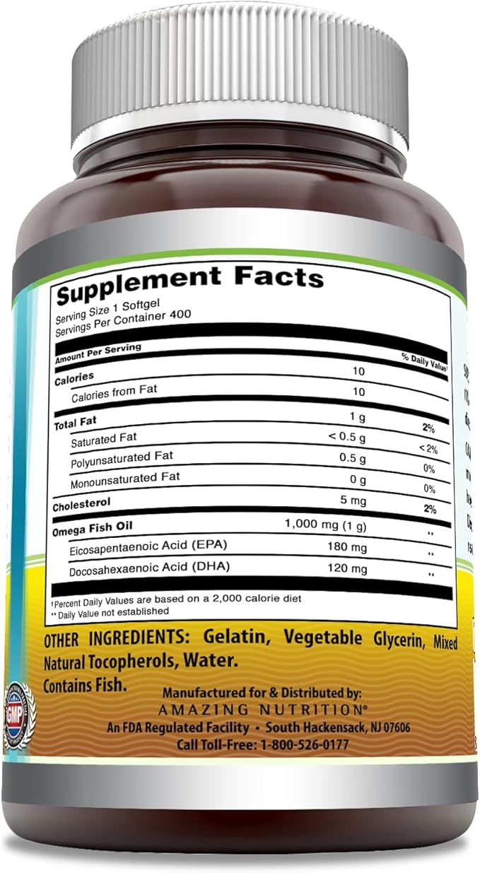Amazing Omega Fish Oil Supplement | Omega-3, 180 mg EPA. 120 mg DHA | 1000 Mg | 400 Softgels | Non-GMO | Gluten-Free | Made in USA