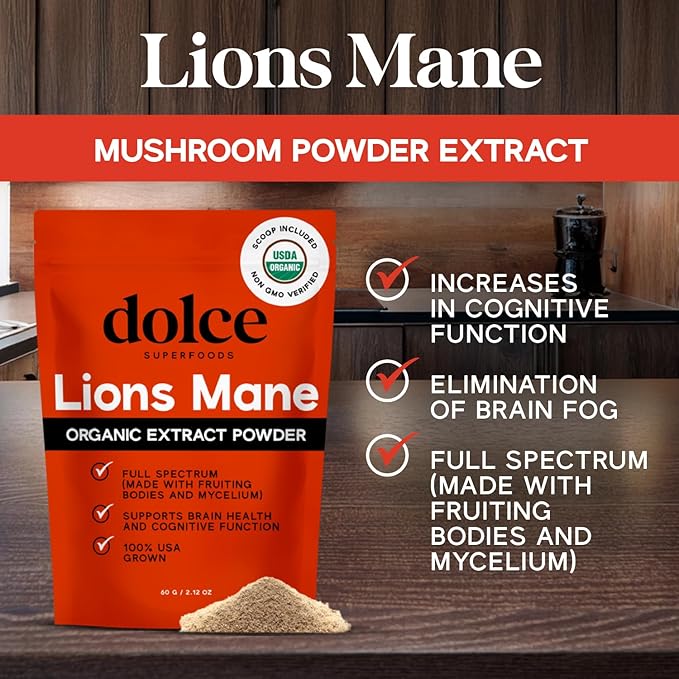 Organic Lion's Mane Mushroom Extract Powder - Focus & Memory Support - 2.12oz Nootropic Superfood for Tea, Coffee & Smoothies - Pure Lion Mane Extract