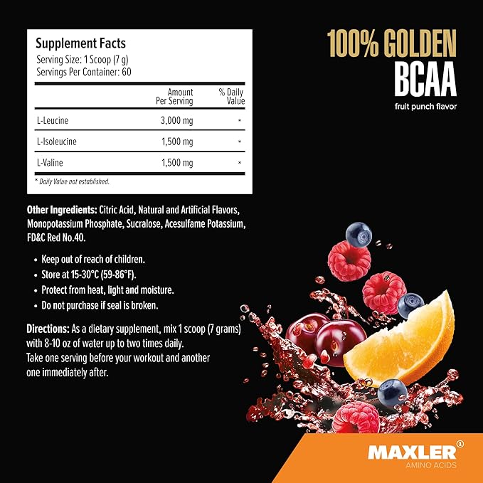 Maxler 100% Golden BCAA Powder - Intra & Post Workout Recovery Drink for Accelerated Muscle Recovery & Lean Muscle Growth - 6 g Vegan BCAAs Amino Acids - 60 Servings - Fruit Punch