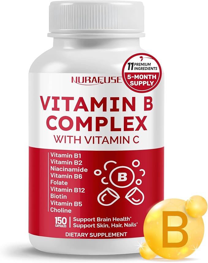 Vitamin B Complex Vitamin B1, B2, 6,9,12 Niacin, with Vitamin C - Support Brain Health, Energy Levels, Skin, Hair, and Nails - Made and Tested in The USA