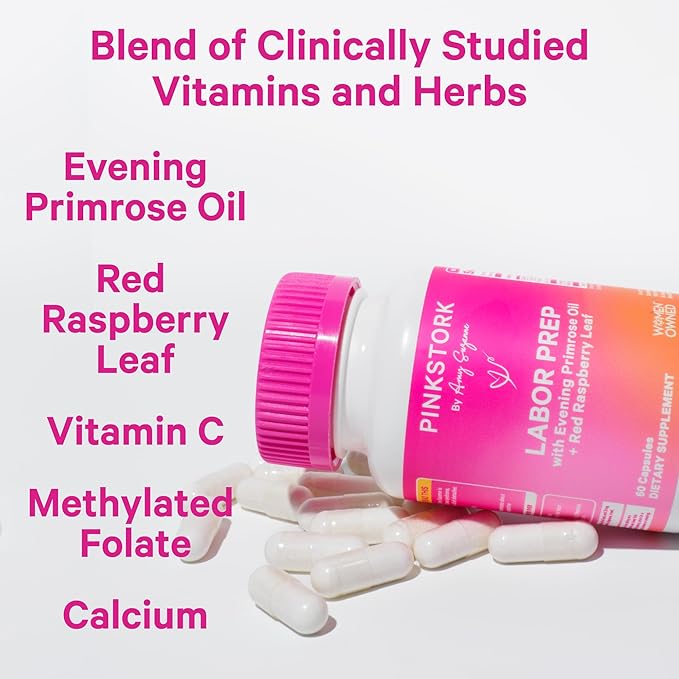 Pink Stork Labor Prep - Evening Primrose Oil Capsules with Red Raspberry Leaf Tea, Gentle Birth & Postpartum Care, Third Trimester Pregnancy Must Haves, 60 Capsules