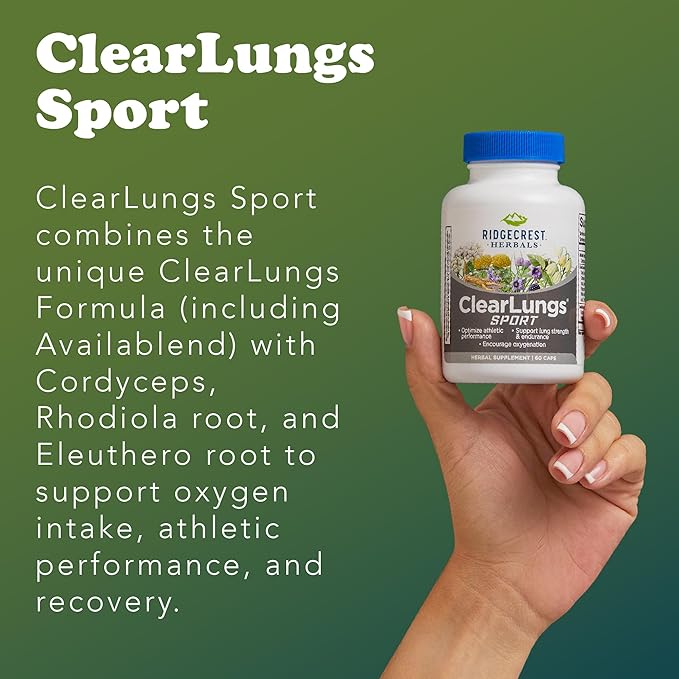 Ridgecrest Herbals ClearLungs Sport, Oxygen Intake and Lung Support Formula with Cordyceps, Rhodiola, Eleuthero (60 Vegan Caps, 30 Serv)
