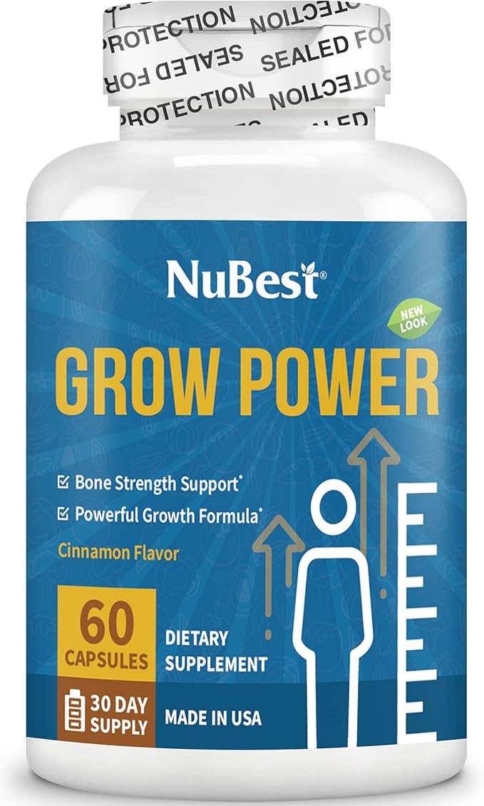 NuBest Grow Power Height Supplement with Calcium, Magnesium, Vitamin D3, Zinc for Age 10+ Height Growth, Grow Taller, Increase Height Growth Natural - Free of Growth Hormone - 60 Growth Capsules