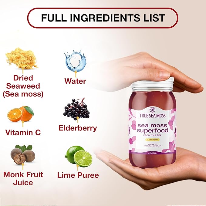 TrueSeaMoss Sea Moss Gel – Made in USA – Wildcrafted Seamoss, Fresh Fruits & Sea Vegetables – Elderberry, Pack of 1 (Labels may Vary)