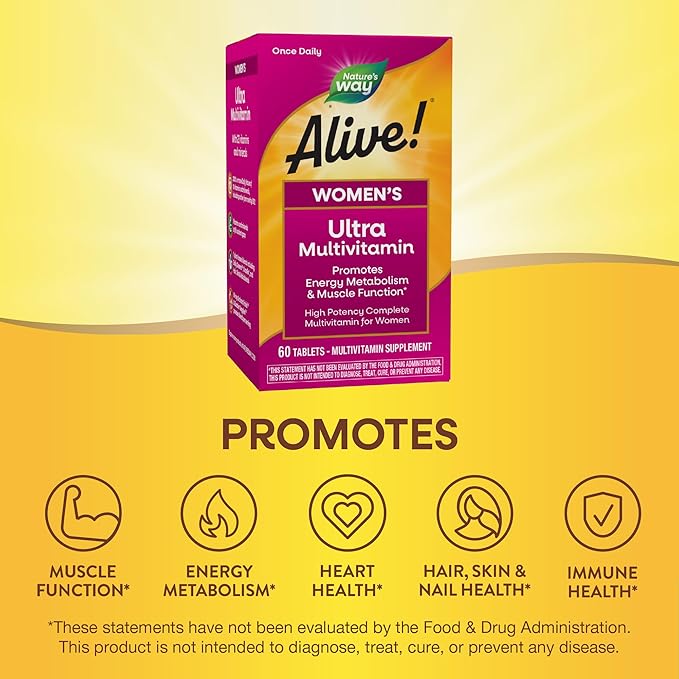 Nature's Way Alive! Women's Daily Ultra Multivitamin, High Potency Formula, Promotes Energy Metabolism and Muscle Function*, with Methylated B12, 60 Tablets (Packaging May Vary)