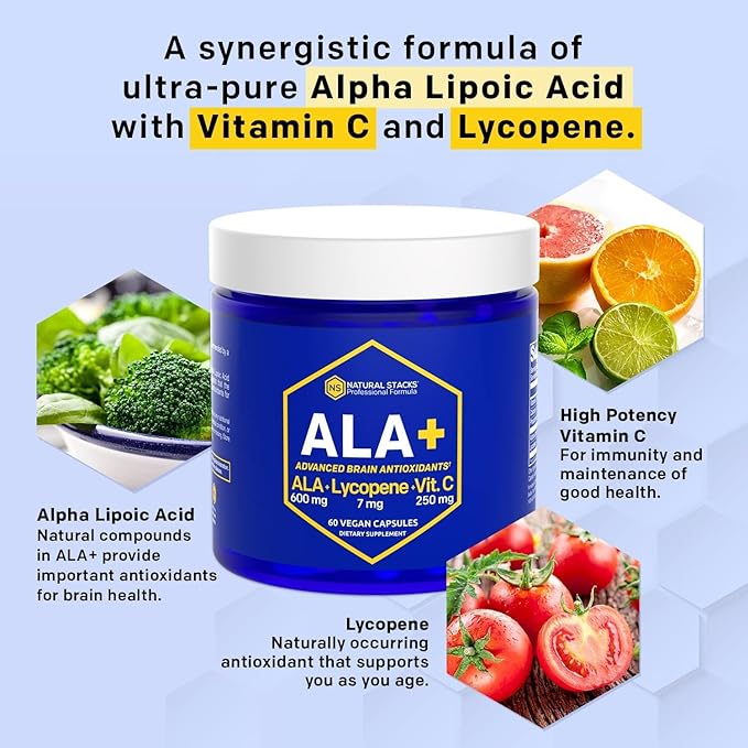 NATURAL STACKS Alpha Lipoic Acid 600mg w/Lycopene and Vitamin C - Supplement for Immunity & Cellular Function - Supplement for Brain Health