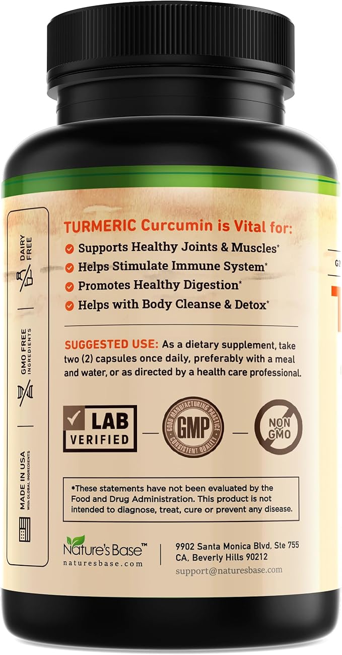 Nature's Base Turmeric Curcumin Supplement - with Ginger, Apple Cider Vinegar, & BioPerine Black Pepper Extract - 95% Curcuminoids - 240 Capsules