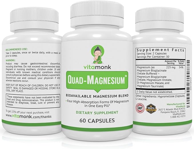 Quad Magnesium Blend by Vitamonk - with Magnesium Orotate, Glycinate Chelate, Magnesium Taurate and Di- Magnesium Malate - High Absorption Magnesium Complex for Sleep, Heart, and Mood