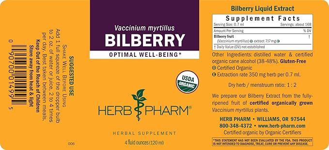 Herb Pharm Bilberry Liquid Extract for Eye and Vision Support - 4 Ounce