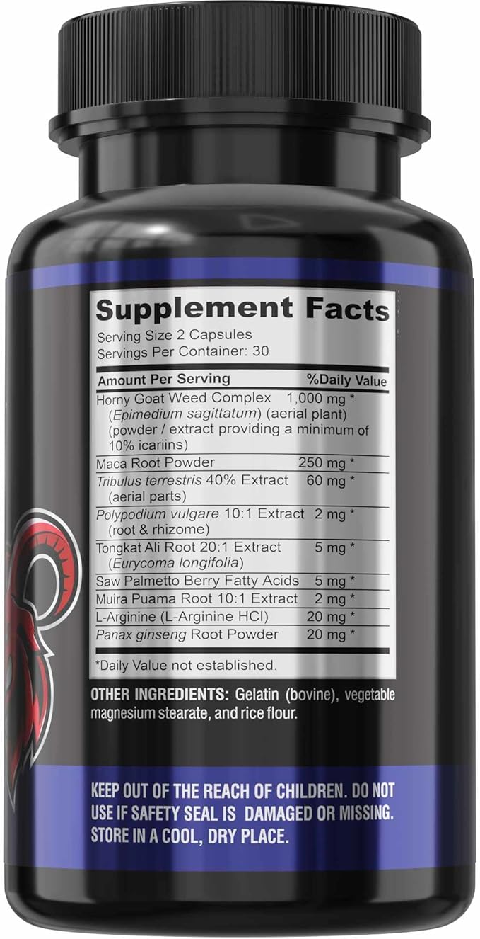 Horny Goat Weed Extra Strength - with Maca, L-Arginine, Ginseng - Boost Desire, Performance, Stamina, Energy, Non-GMO Formula, 60 Capsules