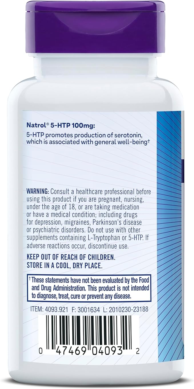 Natrol Mood + Stress 5-HTP 100 mg, Dietary Supplement for a Balanced Mood, Capsules for Adults, 30 Capsules, Up to a 30 Day Supply