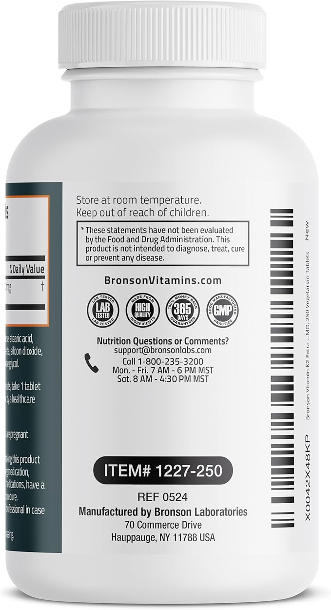Bronson Vitamin K2 MK-7 200mcg Extra Strength, 250 Vegetarian Tablets