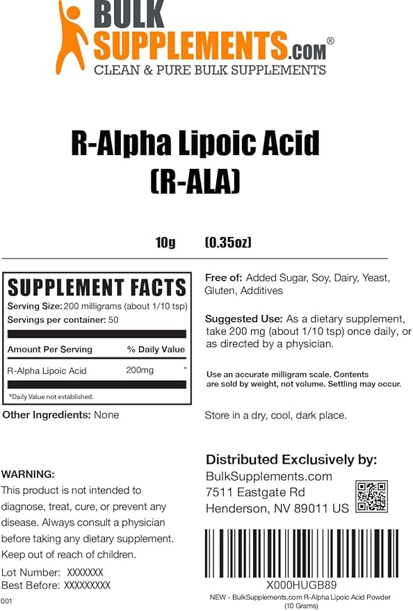 BulkSupplements.com R-Alpha Lipoic Acid Powder - R-ALA Supplement, R Alpha Lipoic Acid 600mg - Antioxidants Supplement, Gluten Free, 600mg per Serving, 10g (0.35 oz) (Pack of 1)