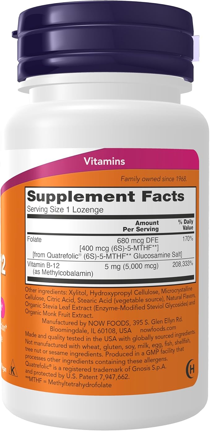 NOW Foods Supplements, Methyl B-12 (Methylcobalamin) 5,000 mcg, Nervous System Health*, 120 Lozenges