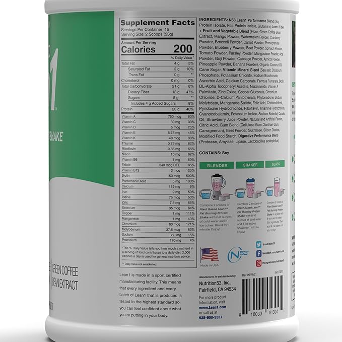 LEAN1 Nutrition53 Meal Replacement Powder for Weight Loss, Fat Burner, Appetite Control, Plant Based Strawberry (28 Ounce)