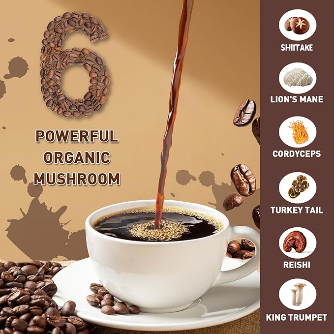 Mushroom Coffee Organic | Enhanced Focus, Boosted Immunity, Improved Energy | 6 Adaptogenic Mushrooms: Cordyceps, Reishi, King Trumpet, Shiitake, Lion's Mane & Turkey Tail | 30 Servings