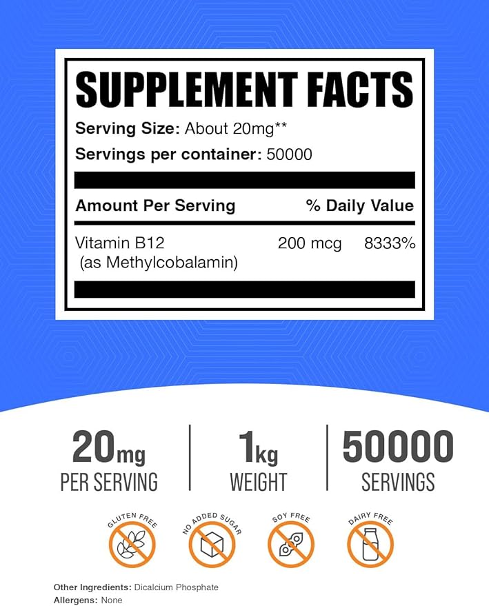 BulkSupplements.com Vitamin B12 1% Methylcobalamin Powder - Vegan Vitamin B12 - Energy Vitamins - B12 Vitamins - Vegan B12 - B12 Supplement (1 Kilogram - 2.2 lbs)