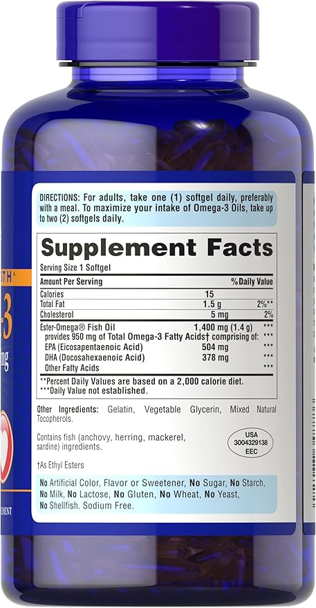 Puritan's Pride Triple Strength Omega-3 Fish Oil 1400mg, Active Omega-3 950mg, Dietary Supplement for Heart, Joint, and Cellular Health Support, 240 Rapid Release Softgels (Packaging May Vary)
