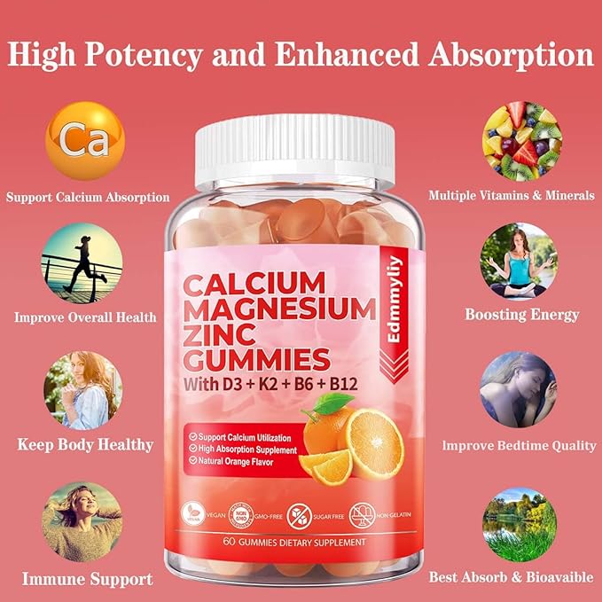 Sugar Free Calcium Magnesium Zinc Supplement Gummies with Vitamin D3 & B12 for Women and Men High Absorption Calcium Magnesium Supplement for Immune Support (120 Counts)
