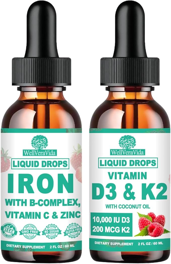 Vegan Iron+D3 K2 Vitamin Bundle:Iron with Vitamin C, B-Complex, Vitamin D3 K2 10000iu Coconut Oil Liquid Drops, Nutritional Bundle for Overall Well-Being