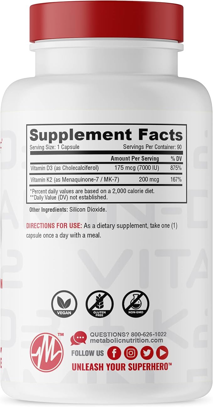 Metabolic Nutrition Vitamin D3 + K2, Bone and Heart Health Formula, Immune Support, 90 Veggie Caps 7000IU per Capsule Max Dose