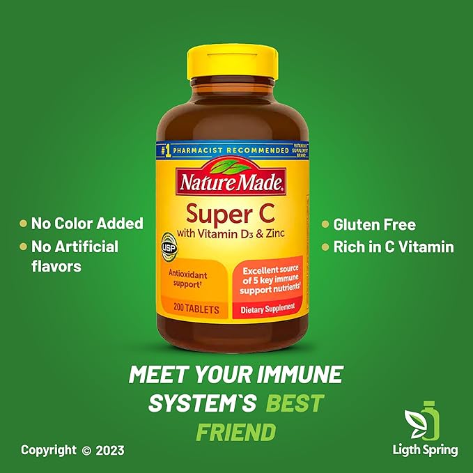 Super C with Vitamin D3 & Zinc 200 Tablets with Exclusive A to Z - Better Ligth&Spring Guide (2 Items)