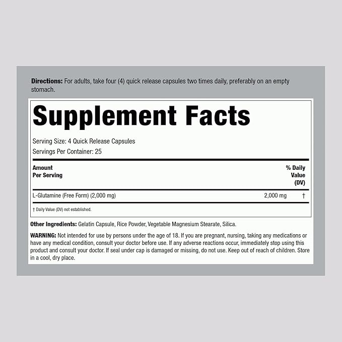 Lindberg L Glutamine Capsules for Women and Men | 500mg | 100 Pills | Free Form Supplement | Non-GMO, Gluten Free
