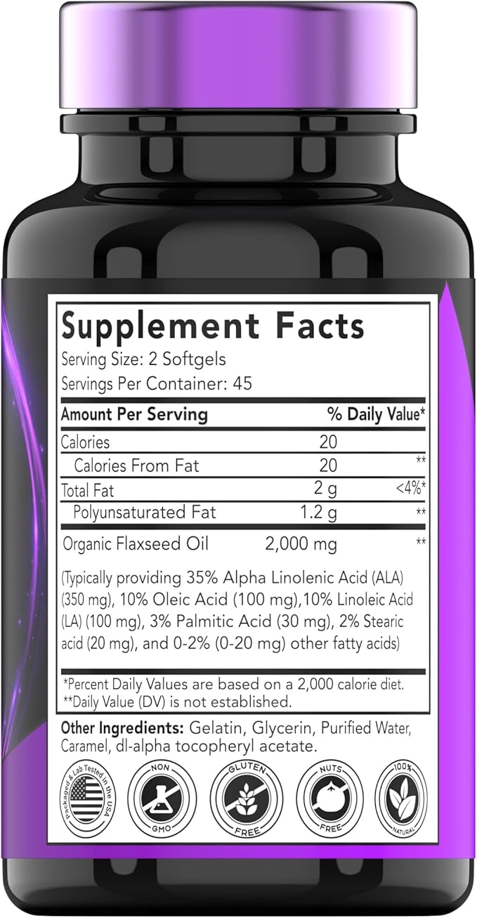 Organic Flaxseed Oil Softgels: 2000 mg - 90 Softgels | High in Omega-3 Fatty Acids | Flaxseed Oil Supplement for Women & Men | Non-GMO