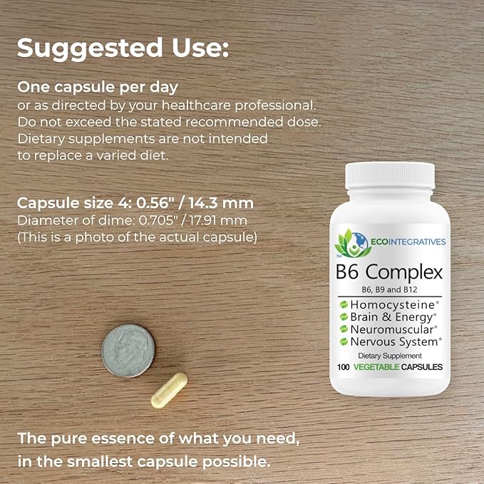B6 Complex Vegan Vitamin B6, B9 Folate, B12 Methylcobalamin Supports Cardiovascular, Neuromuscular, Nervous System, Homocysteine, Energy, Blood Cell & Bone Health 100 Caps