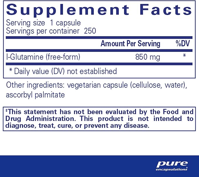Pure Encapsulations L-Glutamine 850 mg | Supplement for Immune and Digestive Support, Gut Health and Lining Repair, Metabolism Boost, and Muscle Support* | 250 Capsules