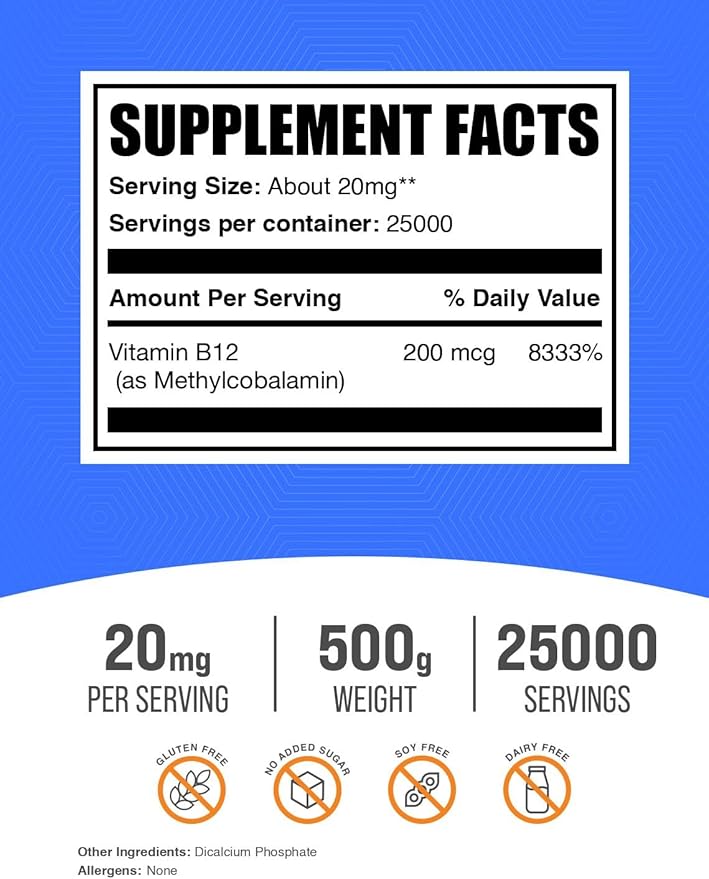 BulkSupplements.com Vitamin B12 Methylcobalamin Powder - 1% B12 Methylcobalamin, Essential B Vitamin - B12 Supplement, Gluten Free, 20mg per Serving, 500g (1.1 lbs) (Pack of 1)