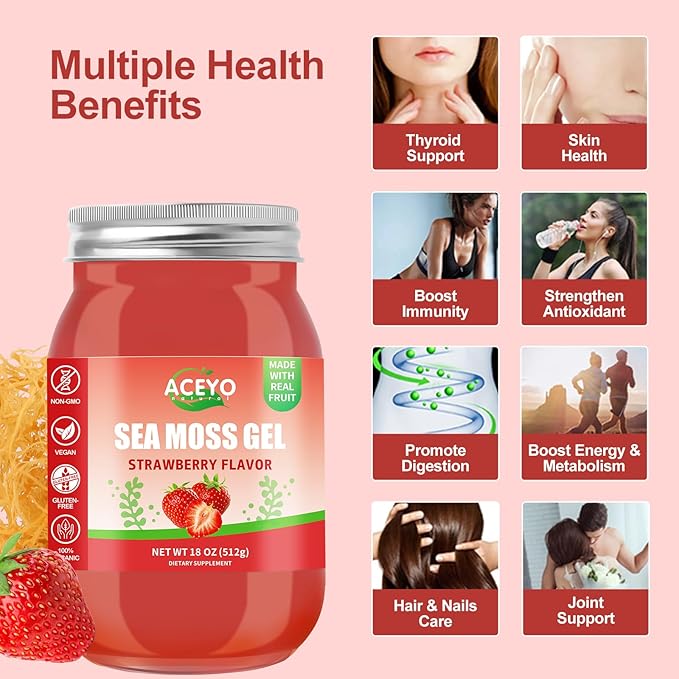 (18 OZ) Irish Sea Moss Gel Raw Vegan Strawberry Flavor 102 Vitamins and Minerals Wild Harvested Non-GMO Immune Defense Booster Thyroid Digestive Support