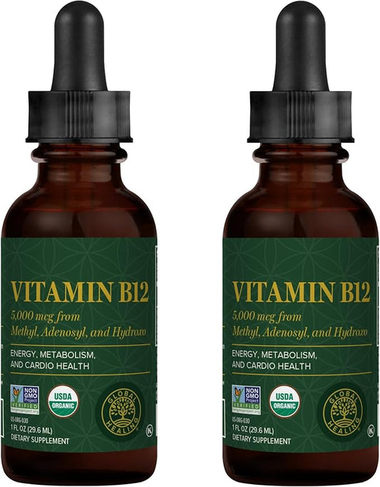 Global Healing Center - Vitamin B12 5000 mcg, Organic Sublingual Liquid Drops | 3-in-1 Methylcobalamin, Adenosylcobalamin, Hydroxo Blend, 1 Fl Oz (2-Pack)