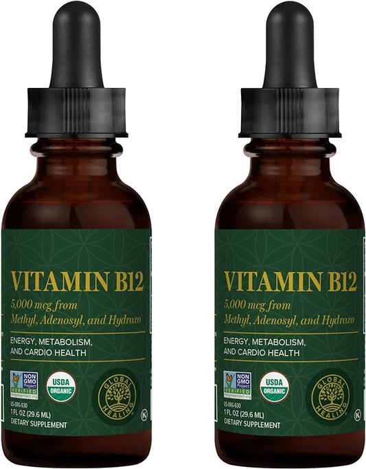 Global Healing Center - Vitamin B12 5000 mcg, Organic Sublingual Liquid Drops | 3-in-1 Methylcobalamin, Adenosylcobalamin, Hydroxo Blend, 1 Fl Oz (2-Pack)