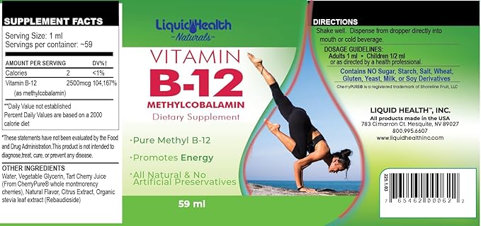 LIQUIDHEALTH Vitamin B12 Methylcobalamin Liquid Drops with Sublingual Hydroxocobalamin - Boost Energy, Support Immune System, Improve Memory & Concentration - Made in The USA, Vegan, Non-GMO (3 Pack)