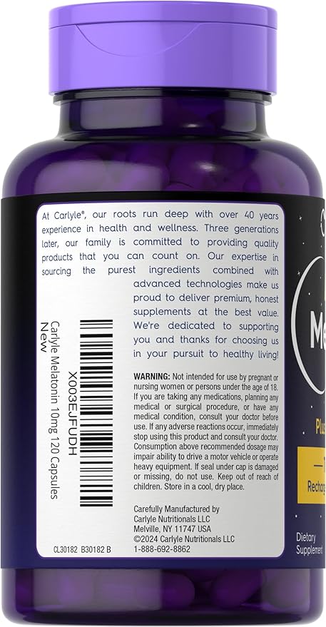 Carlyle Melatonin 10mg | 120 Capsules | with Ashwagandha | Triple Strength Formula | Non-GMO, Gluten Free Supplement