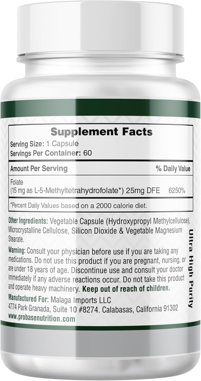 Professional Strength L-Methyl Folate 15mg - Active 5-MTHF Form - Supports Mood, Methylation, Cognition - Bioavailable Vitamin B9 (60 Capsules) - Vegan, Non-GMO, Gluten-Free