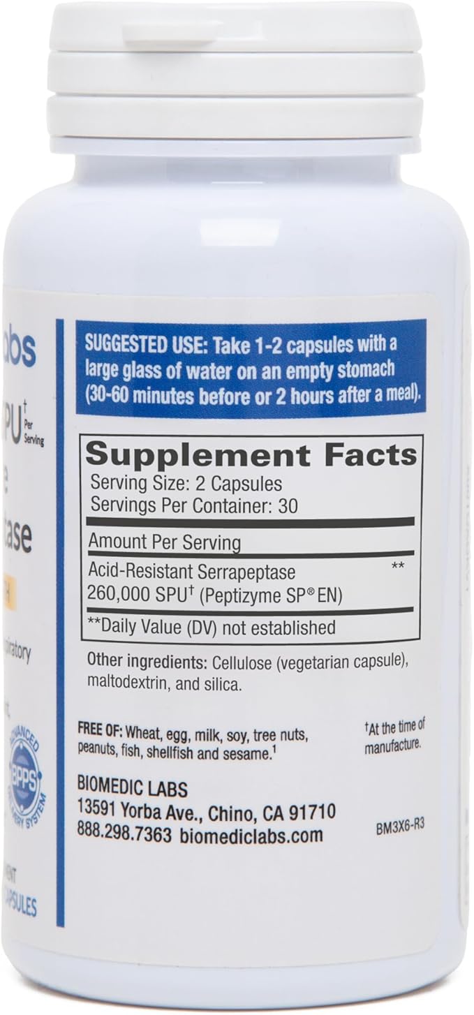 Serra-RX 260,000 SU Serrapeptase -Acid-Resistant Proteolytic Systemic Enzyme, Non-GMO, Gluten Free, Vegan, Supports Sinus, Immune & Lung Health, 60 Veg Capsules