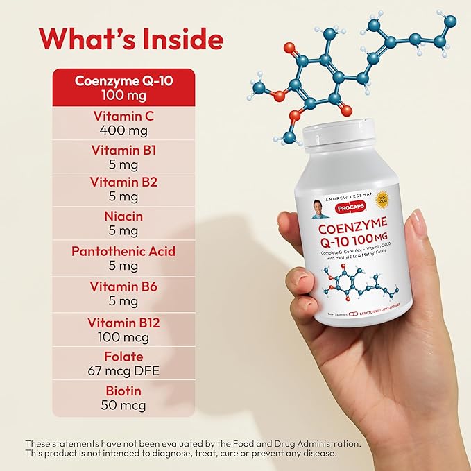 ANDREW LESSMAN Coenzyme Q-10 100 mg 30 Capsules - Essential for Energy Production and Optimum Key Organ Function, Anti-Oxidant Support, Depleted by Aging, Plus B-Complex. Easy to Swallow Capsules