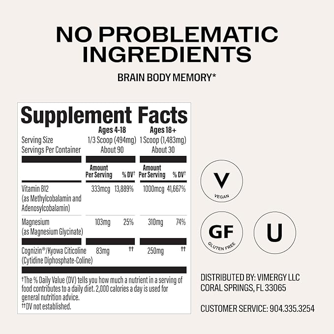 Vimergy Brain Body Memory* – Powers 5 Memory Types and 10 Benefits of Memory Function - Fast-Absorbing, only Three Ingredients - Non-GMO and Gluten Free - 1 Scoop for Ages 18+