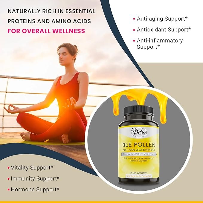 Pure By Nature Bee Pollen Supplement with Propolis & Royal Jelly for Immune Support, Antioxidant Properties, 120 Non-GMO Vegetarian Capsules