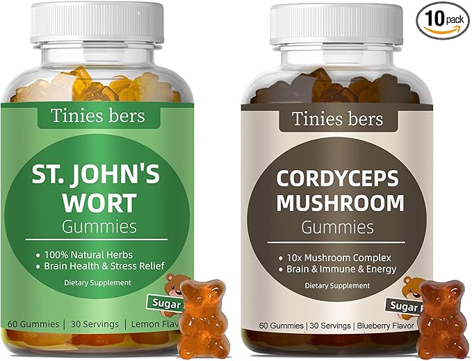 St John's Wort Gummies 500mg, Sugar Free and Cordyceps Gummies, Sugar Free 10x Blend Mushroom Gummies