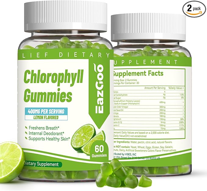 Chlorophyll Gummies for Body Odor Deodorant* 2 Pack, Sugar Free Chewable Chlorophyll for Immune Support Women Vegan Non-GMO, 120 Count (Lemon)