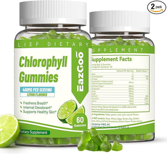 Chlorophyll Gummies for Body Odor Deodorant* 2 Pack, Sugar Free Chewable Chlorophyll for Immune Support Women Vegan Non-GMO, 120 Count (Lemon)