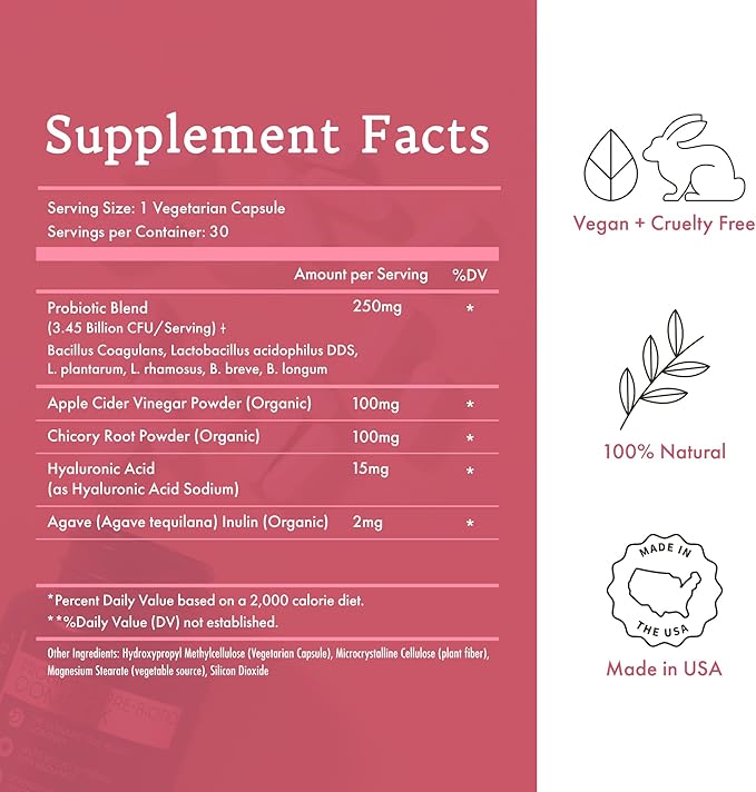 Bella Vérité. Probiotic & Prebiotic Complex - Support Women's Digestive & Gut Health - 3.45 Billion CFU Lactobacillus Probiotics for Clearer Skin - Daily Probiotic Supplement (30 Vegetarian Capsules)
