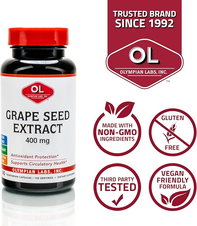 Olympian Labs Grape Seed Extract 400mg Vegan Capsules | Supports Heart & Immune Health, Antioxidant - 100 Count
