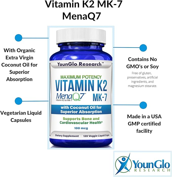 Vitamin K2 MK7 (MenaQ7) 100 mcg w/Coconut Oil for Superior Absorption, Dietary Health Supplement, 120 Vegan Liquid Capsules to Support Bone Strength & Density for Adults Women & Men